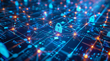 Fototapeta premium Network protection and safety concept featuring digital lock and network connections blue tech-themed background modern and secure design 