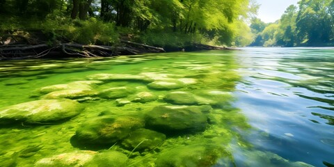 The Global Impact of Harmful Algal Blooms Caused by Bluegreen Algae Cyanobacteria. Concept Water Pollution, Environmental Impacts, Public Health Risks, Eutrophication, Algal Bloom Management