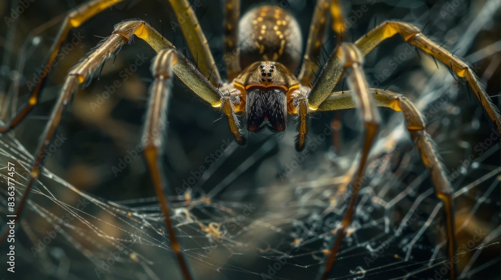 Poster a cellar spider hanging upside down in its web, its long legs poised to detect the slightest movemen