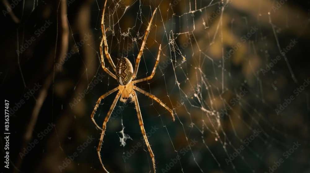 Poster a cellar spider hanging upside down in its web, its long legs poised to detect the slightest movemen
