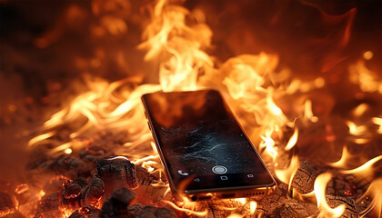 Mobile phone battery overheated burning flames. Smartphone on fire. Burning smartphone with bad battery exploded or overloaded processor Overprocessed