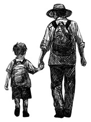 child with adult two figures walk away from the viewer father and son go hiking camping trip isolated hand drawn sketch line art vector illustration