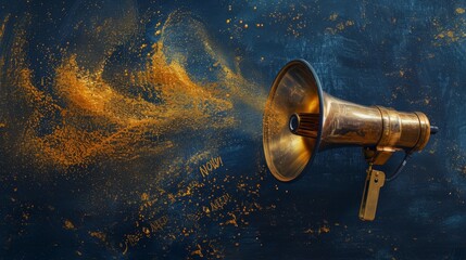 Fototapeta premium An Old Fashioned Megaphone Is Spewing Yellow Paint on a Blue Background - Generative AI