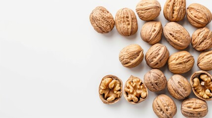 Arrangement of Walnuts on a White Background with Space for Text