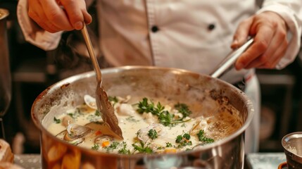 A chef preparing oyster stew in a large pot, simmering the bivalves with cream, herbs, and vegetables for a rich and savory dish.
