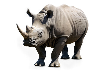 A detailed image of a single rhinoceros standing on a transparent white background in png format
