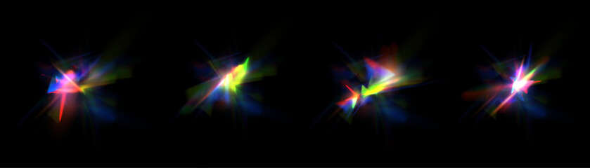 Rainbow rays of light distortion, lens flare, reflection effect from a crystal, glass or gemstone. Vector realistic set of light effects with spectral flare, prism refraction, lens flare. Vector