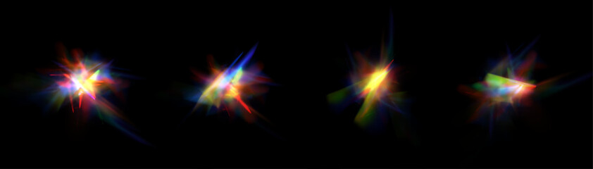 Rainbow rays of light distortion, lens flare, reflection effect from a crystal, glass or gemstone. Vector realistic set of light effects with spectral flare, prism refraction, lens flare. Vector