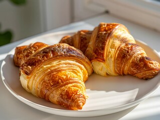 Classic French croissant on a white plate, flaky golden layers, sunlight illuminating the surface, minimalistic background