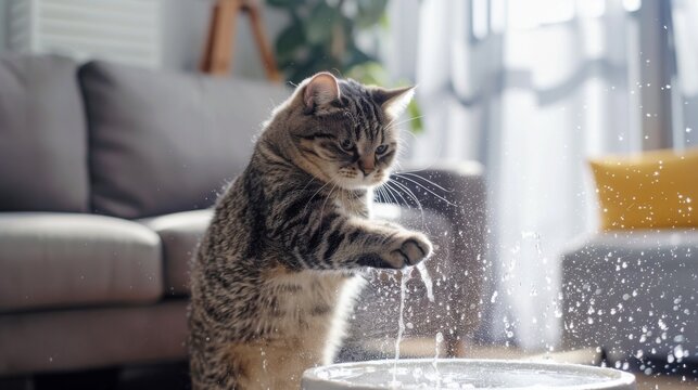 A chubby cat dipping its paw into a pet water fountain, splashing water around in a cozy and bright living room