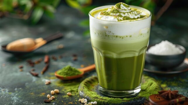 A cup of matcha latte with green milk foam on a wooden table in a cafe. A fashionable drink, an alternative to coffee, cappuccino.