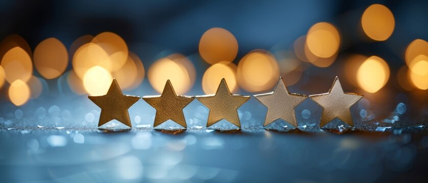 Five golden stars on a sparkling surface with warm, blurred lights in the background, symbolizing quality, rating, and excellence.
