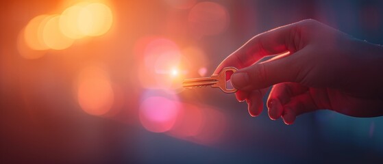 Obraz premium Hand holding a small LED light against a colorful bokeh background, creating a vibrant and dynamic lighting effect in a close-up shot.