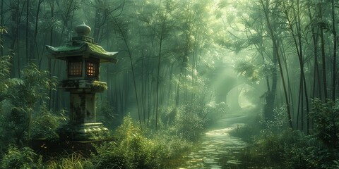 Serene Shrine Amidst Bamboo, generative ai