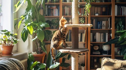 A chunky cat climbing a tall cat tree, determined and playful in a well-decorated living space with plants and bookshelves - Powered by Adobe