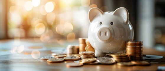 Piggy bank surrounded by coins on a table, representing savings, financial growth, and investment opportunities under warm lighting.