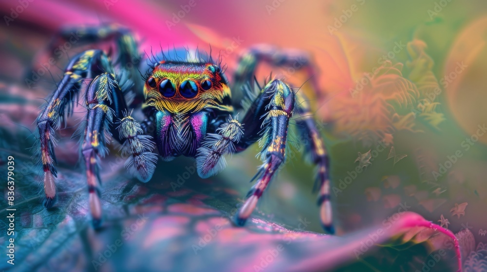 Poster a close-up of a colorful jumping spider on a leaf, showcasing the intricate patterns and vibrant hue
