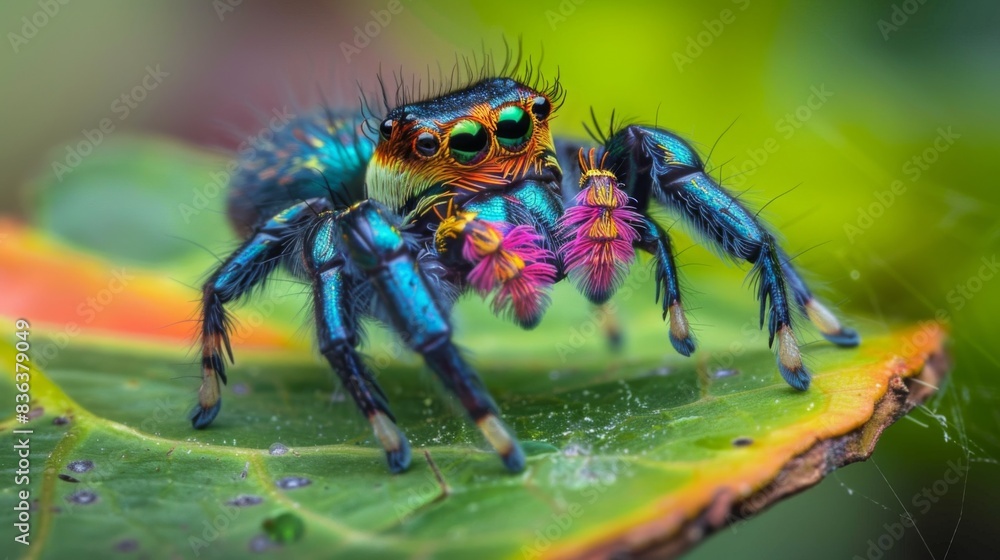 Aufkleber A close-up of a colorful jumping spider on a leaf, showcasing the intricate patterns and vibrant hues of nature's tiny marvels