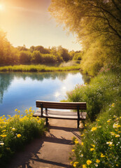 Naklejka premium Beautiful Summer Landscape with Wooden Bench