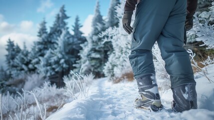 A man in thermal pants and snow boots hikes a snowy mountain trail with frosted trees and a clear sky.