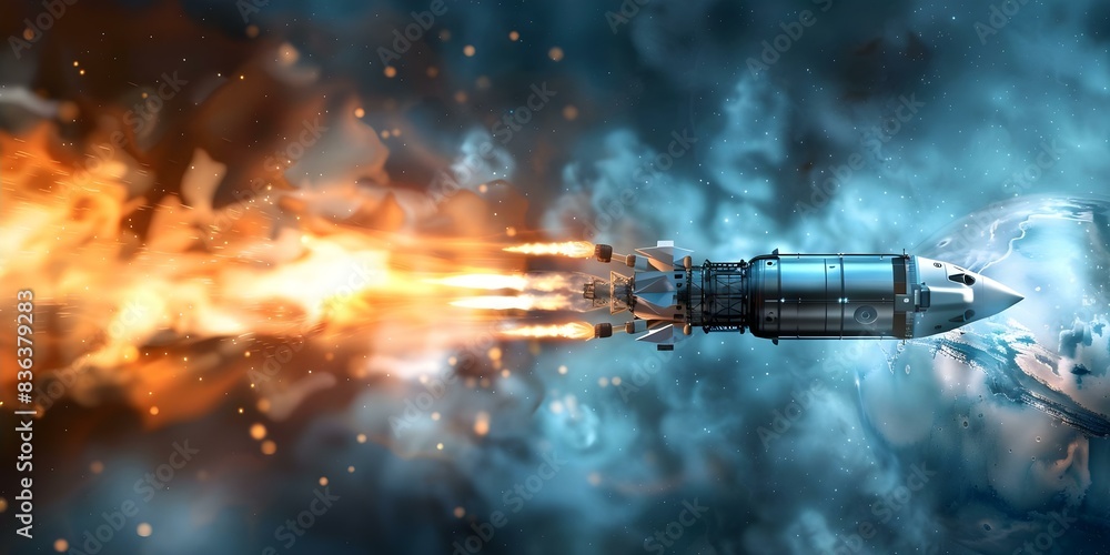 Poster rocket spacecraft launches with fiery propulsion towards mars in outer space. concept space explorat