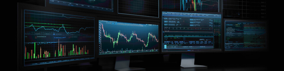 Experience futuristic trading with high-tech charts alongside symbolic bull and bear figures, all in  realism