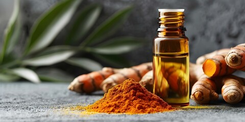 Glass bottle of turmeric essential oil. Concept Aromatherapy, Natural Remedies, Health Benefits, Essential Oils, Turmeric