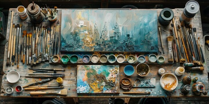 Creative Implements on Wooden Surface, generative ai