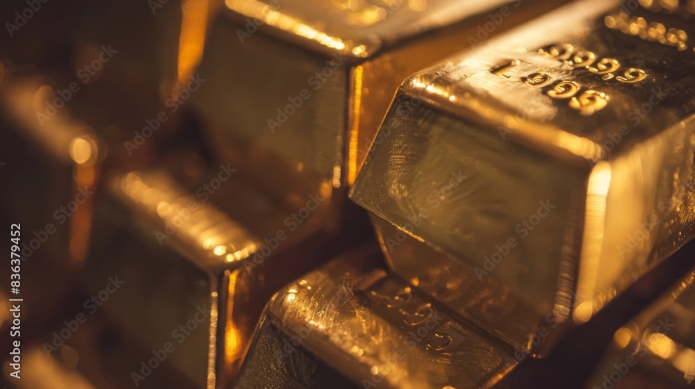 Poster a close-up of gleaming gold bars arranged in a neat stack, symbolizing wealth, prosperity, and finan