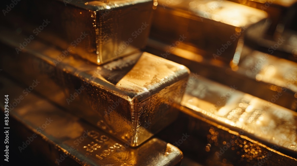 Poster a close-up of gold bars stacked on top of each other, with sunlight casting a warm glow on the gleam