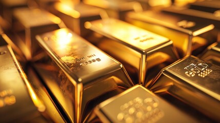 A close-up of gleaming gold bars arranged in a neat stack, symbolizing wealth, prosperity, and financial stability.