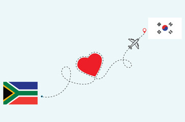 Flight and travel concept from south africa to south korea airplane travel Heart concept flags design