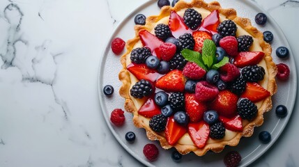 A delicious looking fruit pie with strawberries, blueberries