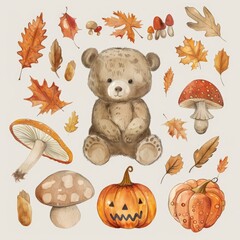 Fototapeta premium Cute Autumn Forest Friends. Hand-painted Watercolor Nursery Set with Adorable Bear and Mushroom