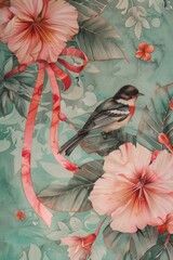Delicate Vintage Lock with Botanical Beauty and Watercolor Illustration of a Small Bird