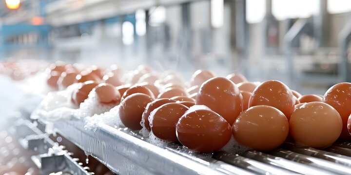 Conveyor system used in egg production plant for washing and sorting eggs to ensure sanitation. Concept Conveyor System, Egg Production, Sanitation, Washing and Sorting, Food Industry