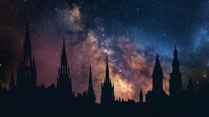 Fototapeta premium A cityscape silhouette with Gothic spires stands majestically under a mesmerizing, starlit sky. Breathtaking.