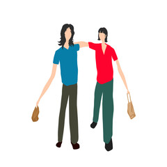 two people walking together after shopping, without background