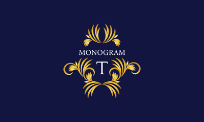 Luxury crest monogram logo with initial letter T. Ornate gold frame illustration. Invitation, wedding, label, restaurant, heraldry