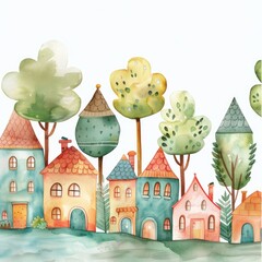 Enchanting Watercolor Illustration of a Whimsical Village at Night