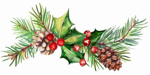 Fototapeta premium Festive Holiday Decoration. Watercolor Illustration of Holly Berry and Pine Cone with Green Pine Needle Branch, Traditional Christmas Symbol