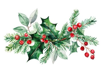 Festive Holiday Holly Berry and Fir Branch Watercolor Illustration