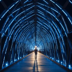 Silhouette of a man standing in front of a waterfall of golden sparkling garland lights. Concept: city street decorations