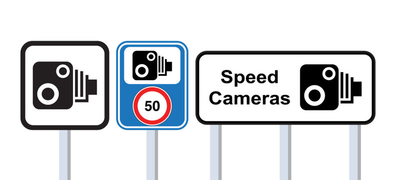 Speed-limit  and traffic safety cameras. Blue and White Monochrome road speed camera sign. Speed camera sign on pole. vector illustration.