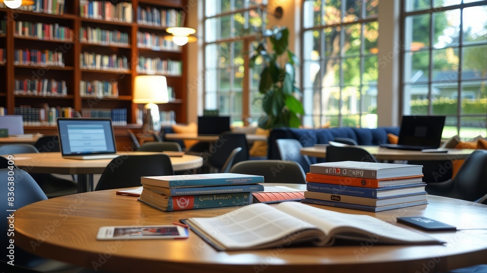 Poster a library with a table full of books and a laptop