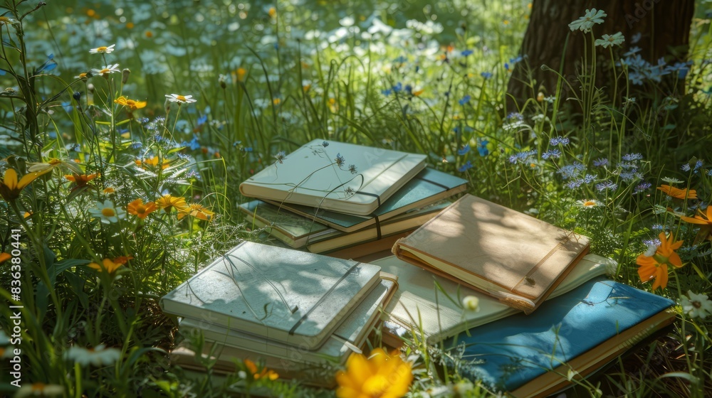 Poster a stack of books is laying on the ground in a field of flowers