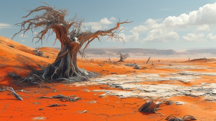 Lonely gnarled tree in an arid desert landscape