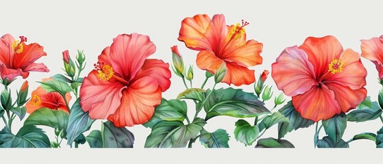 Watercolor illustration of hibiscus with a floral border, isolated against a light grey background