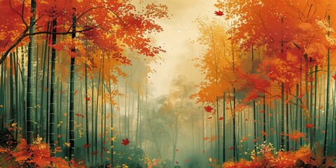 A Stunning Contrast of Autumn Hues in the Grove, generative ai
