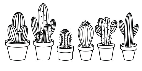hand drawn cactus illustration. Vector Illustration. cacti with flowers. Set of cactuses. isolated on white background. cactus outline sketch. cactus drawing. 